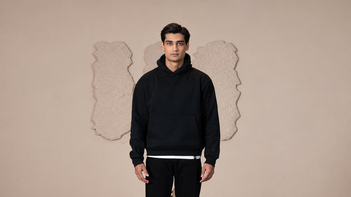 Cotton Fleece Hoodie - Black, Straight fit jeans - Black