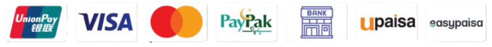 UnionPay, Visa, Mastercard, PayPak, bank transfer, UPaisa and Easypaisa